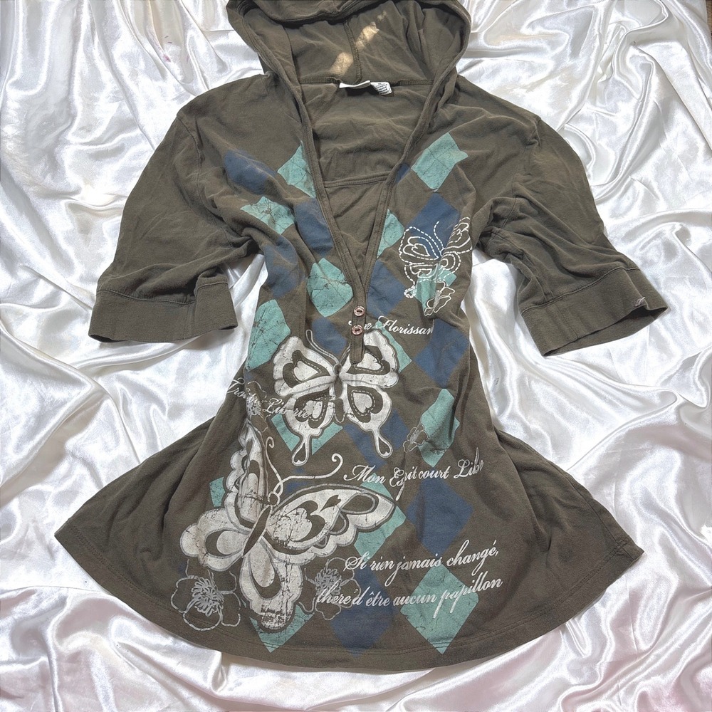 y2k Cato Hooded Top Brown Good Butterfly Argyle Layered Graphic Tee XL